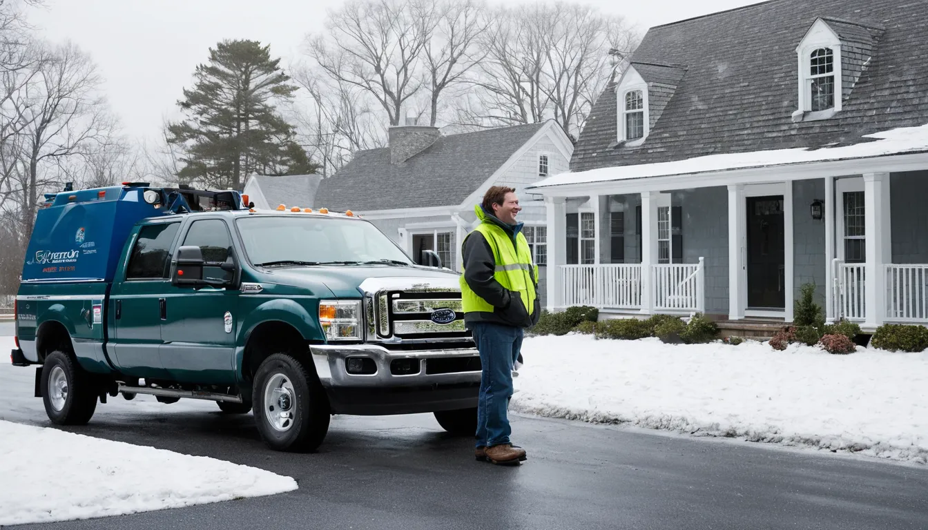 A septic service truck parked beside a snowy home in the Old Westbury area